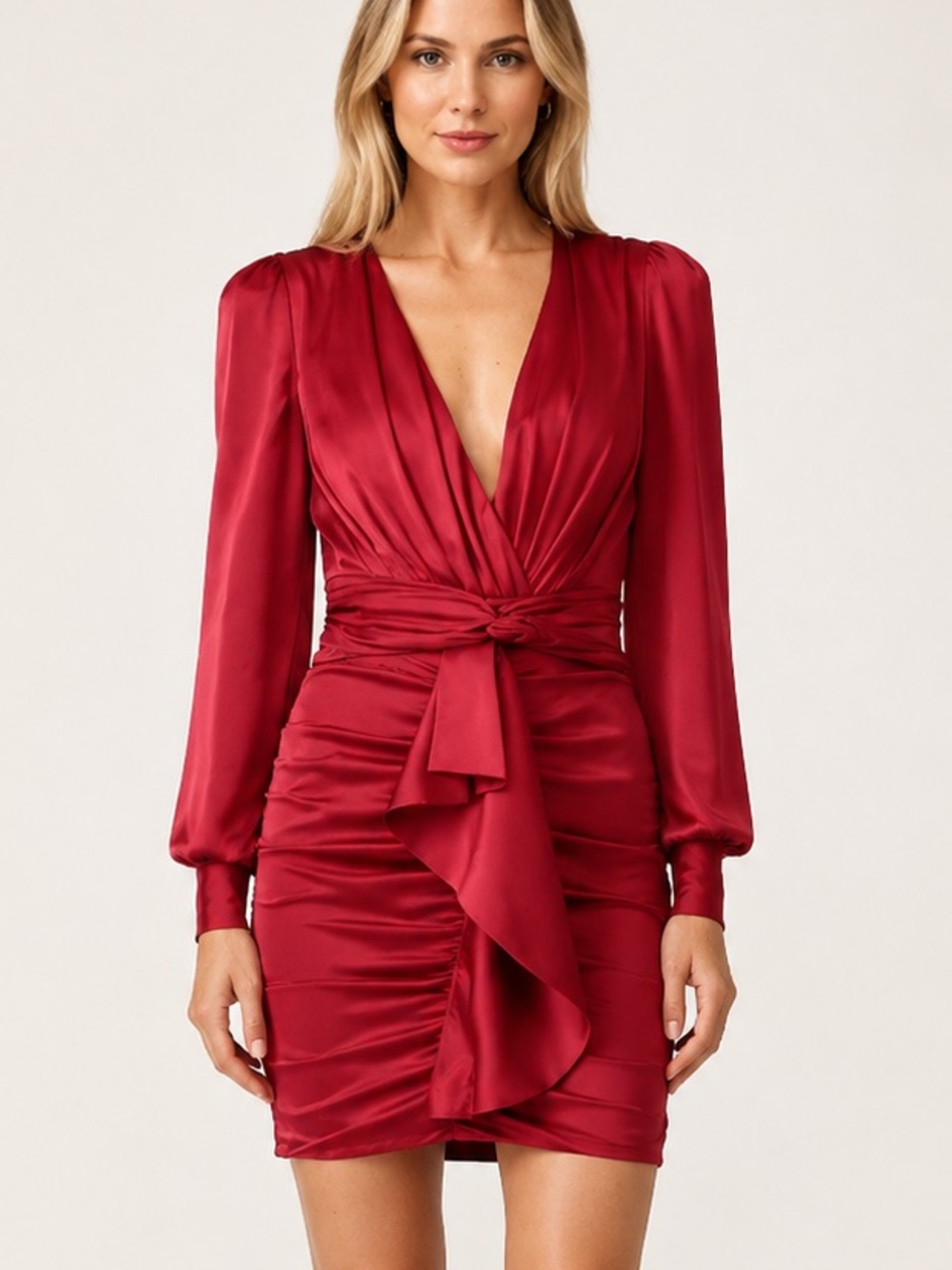 PatBO Ruby Red Satin Ruched Mini Dress Long Sleeve Deep V-Neck Size 8